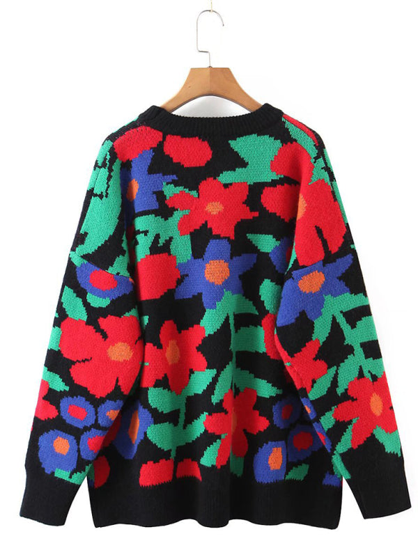 New large flower embroidered round neck loose long sleeve knitted sweater pullover