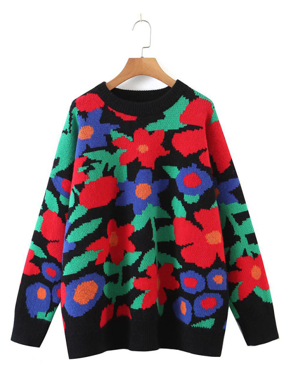 New large flower embroidered round neck loose long sleeve knitted sweater pullover