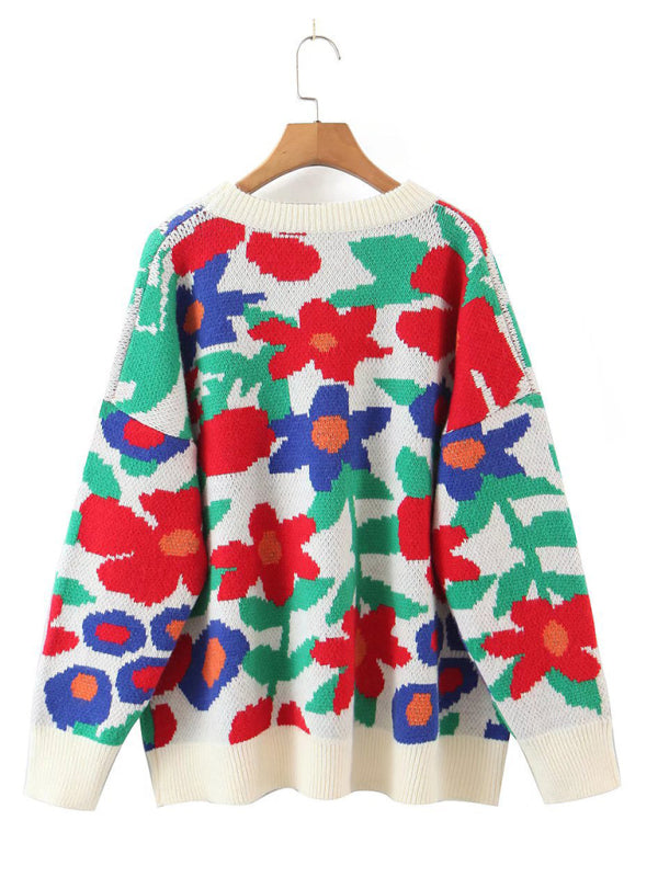 New large flower embroidered round neck loose long sleeve knitted sweater pullover