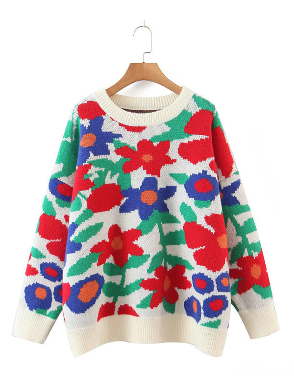 New large flower embroidered round neck loose long sleeve knitted sweater pullover