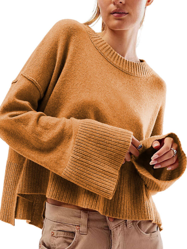 Damen-Pullover, einfarbig, Rundhalsausschnitt, Glockenärmel, schlichter modischer Pullover 