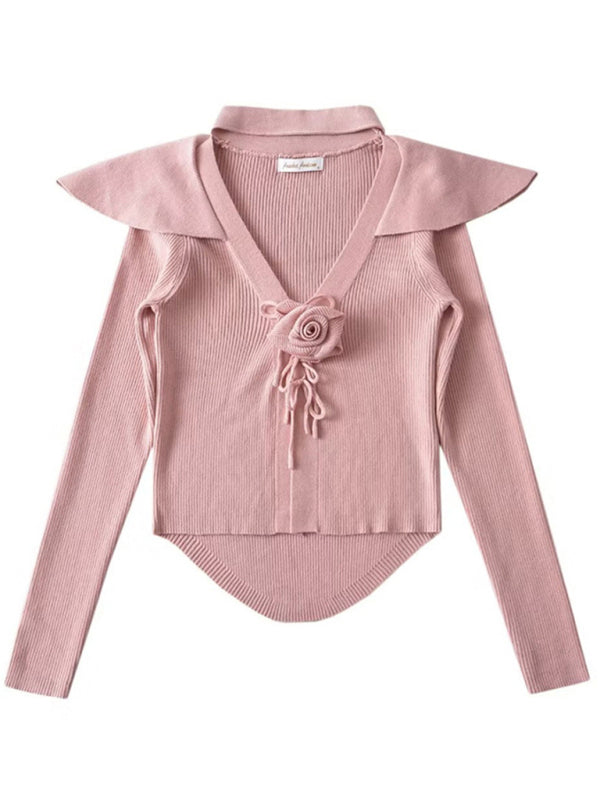 Cardigan tricoté à grande écharpe à revers rose française pour femmes, nouveau style 