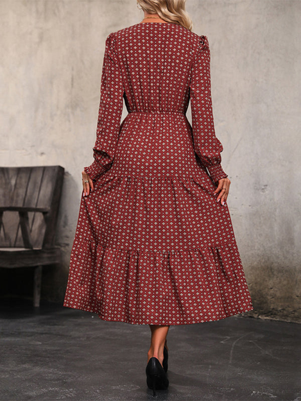 Robe imprimée à manches longues et col en v pour femmes, nouvelle collection 