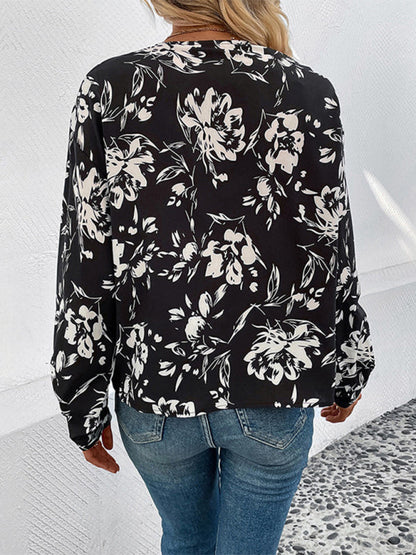 Chemise à manches longues à revers imprimé fleur noir et blanc pour femmes, nouvelle collection 