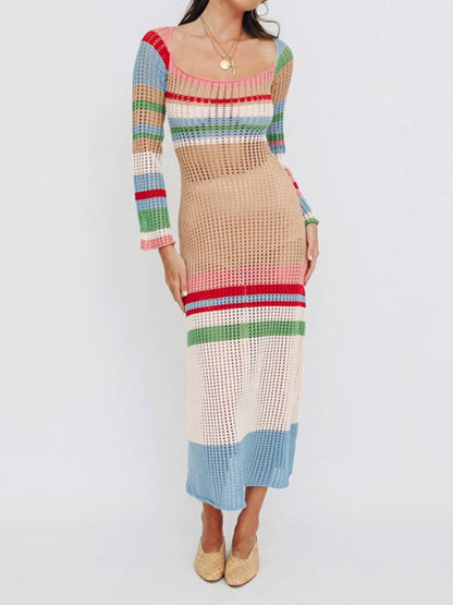 Robe midi tricotée à manches longues et col en U, colorée et contrastée, sexy, ajourée, nouvelle collection 
