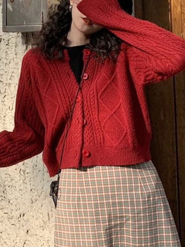 Neue Retro-Strickjacke mit Rundhalsausschnitt, sanfter, einfarbiger, lockerer, kurzer Pulloverjacke 