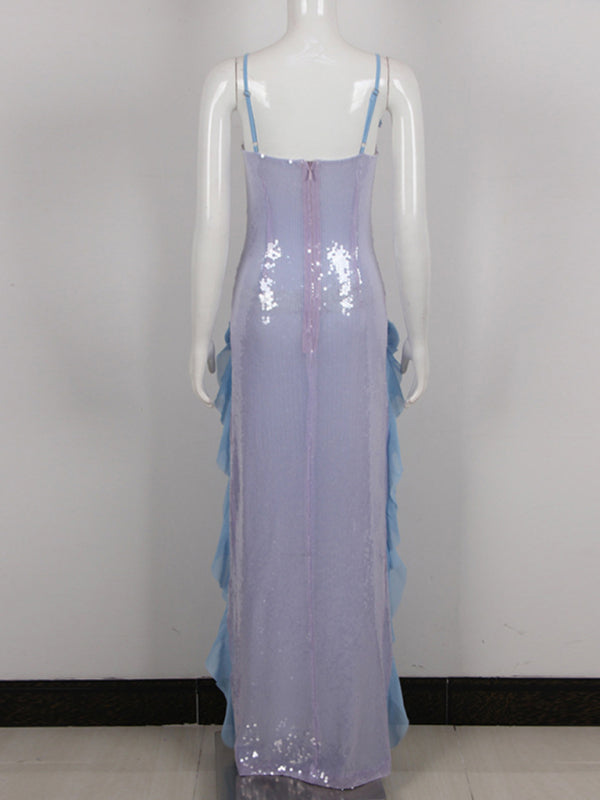 Sexy langes Damenkleid mit paillettenbesetztem, ohrenbesetztem dreidimensionalem Blumen-Strapskleid 