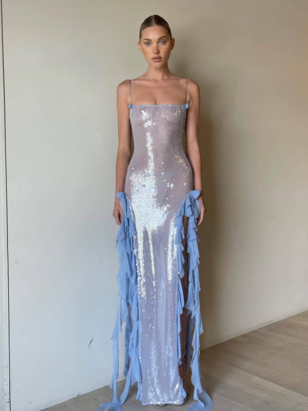 Sexy langes Damenkleid mit paillettenbesetztem, ohrenbesetztem dreidimensionalem Blumen-Strapskleid 