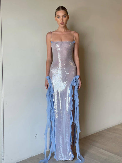 Sexy langes Damenkleid mit paillettenbesetztem, ohrenbesetztem dreidimensionalem Blumen-Strapskleid 
