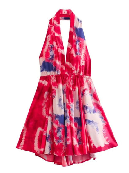 Neues modisches, sexy bedrucktes Neckholder-Kurzkleid mit V-Ausschnitt und Strapsen 