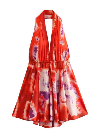 Neues modisches, sexy bedrucktes Neckholder-Kurzkleid mit V-Ausschnitt und Strapsen 