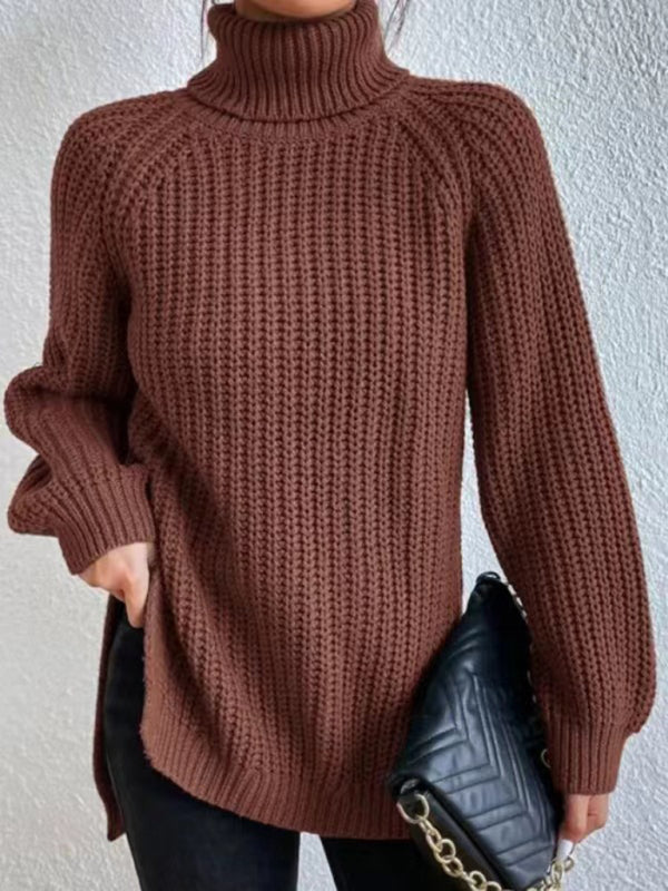 Lässiger Damen-Pullover mit Rollkragen und Schlitz, lockerer Pullover 