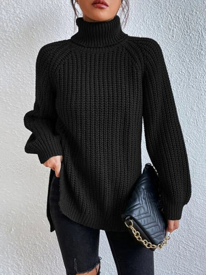 Lässiger Damen-Pullover mit Rollkragen und Schlitz, lockerer Pullover 
