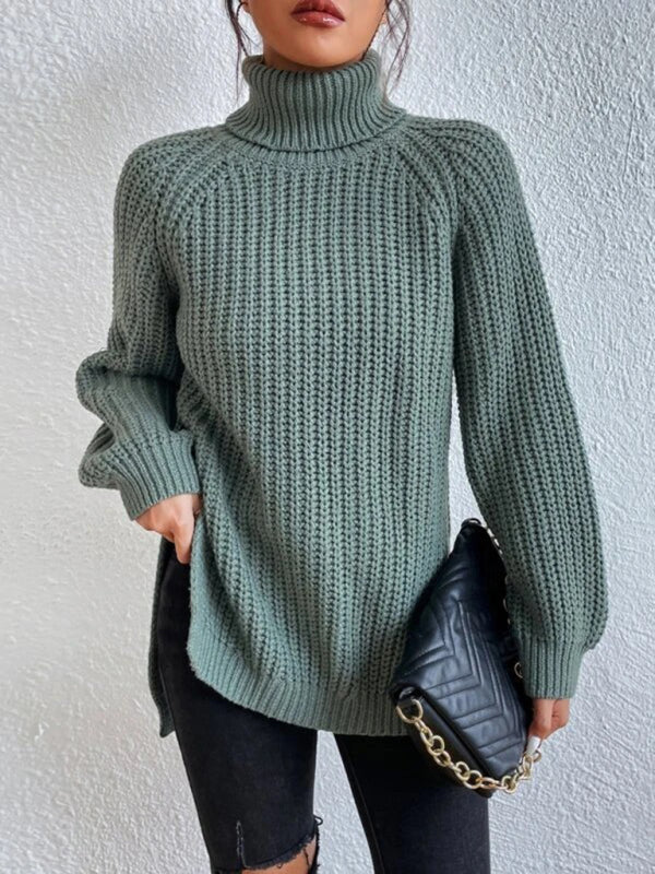 Lässiger Damen-Pullover mit Rollkragen und Schlitz, lockerer Pullover 