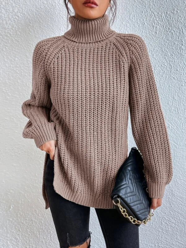 Lässiger Damen-Pullover mit Rollkragen und Schlitz, lockerer Pullover 