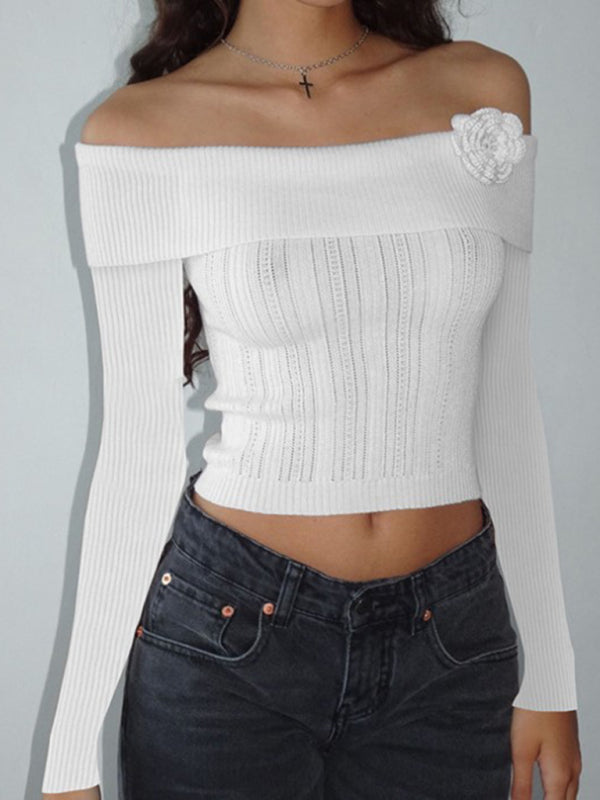 Sexy one-shoulder three-dimensional floral long-sleeved knitted top