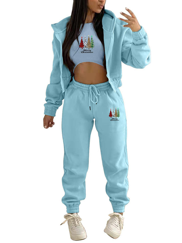 New velvet sweatshirt Christmas tree print hooded sports and leisure suit (three-piece set)