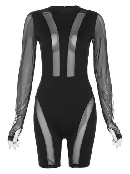 Black mesh see-through slim fit jumpsuit on mannequin