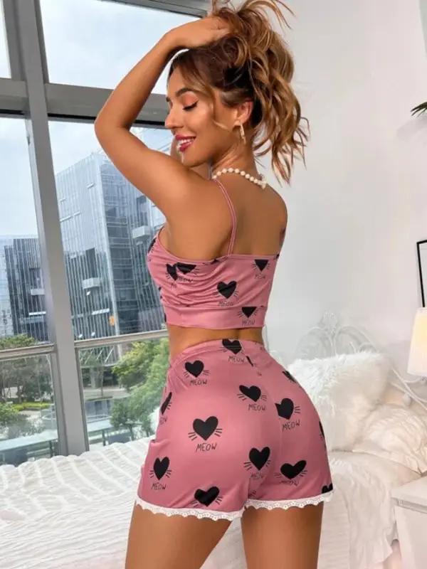 Back view of pink heart-patterned lingerie set