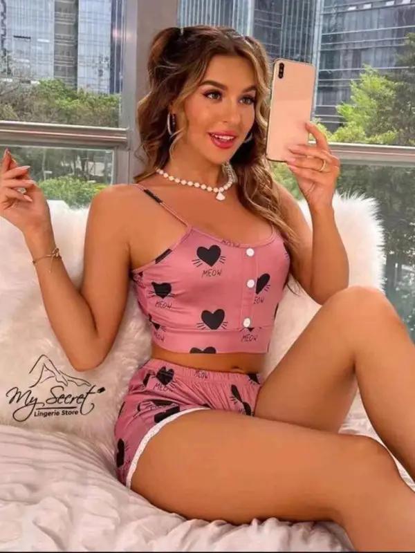 Pink heart-patterned lingerie set with spaghetti straps