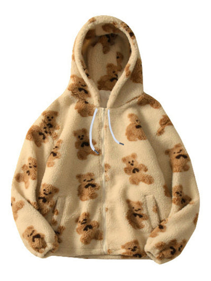 Teddy pattern loose teddy fur hooded sweatshirt