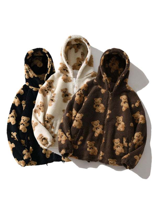 Teddy pattern loose teddy fur hooded sweatshirt