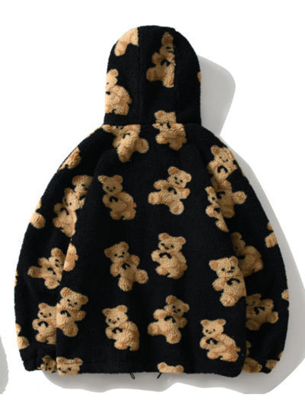 Teddy pattern loose teddy fur hooded sweatshirt