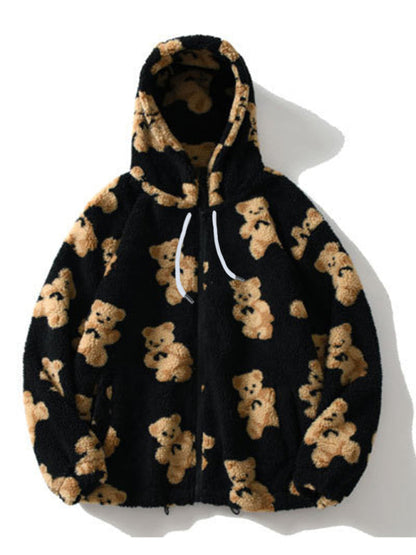 Teddy pattern loose teddy fur hooded sweatshirt