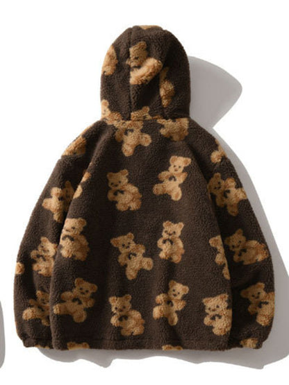 Teddy pattern loose teddy fur hooded sweatshirt