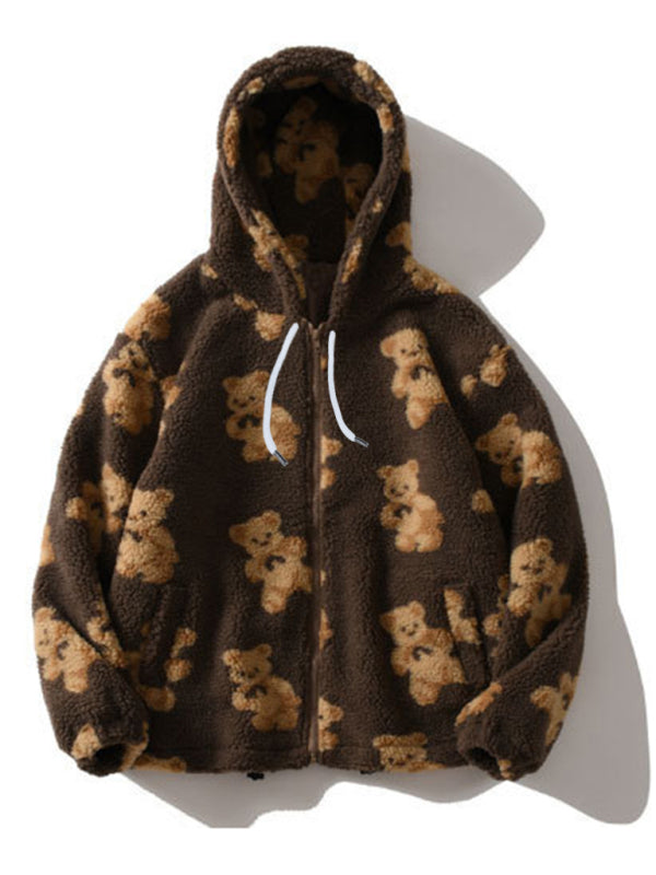 Teddy pattern loose teddy fur hooded sweatshirt