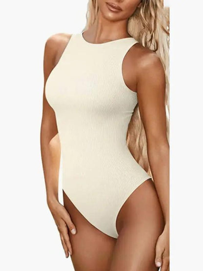 Beige sleeveless round neck bodysuit for women