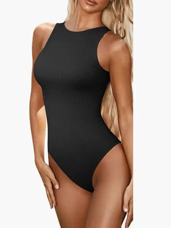 Black sleeveless round neck bodysuit for women