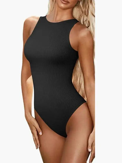 Black sleeveless round neck bodysuit for women