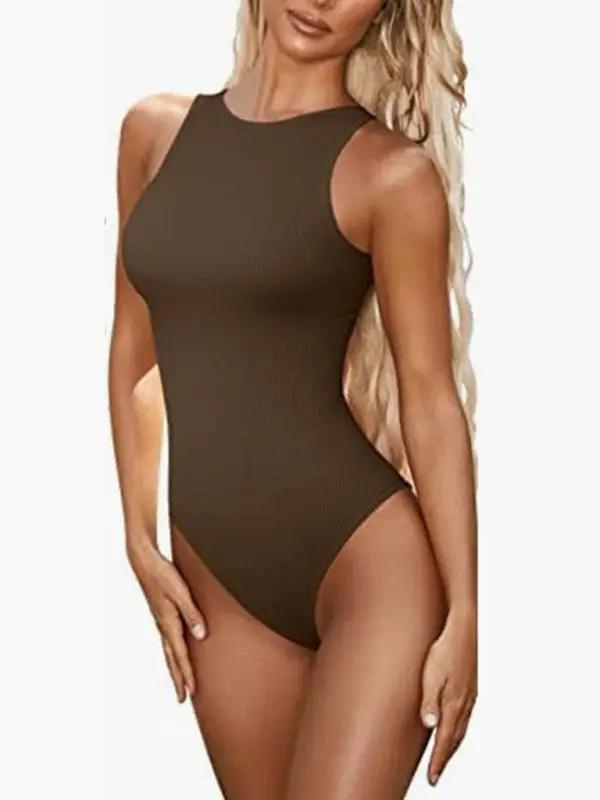 Brown sleeveless round neck bodysuit for women