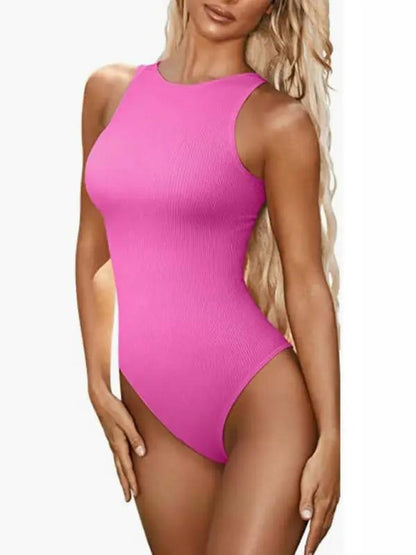 Pink sleeveless round neck bodysuit for women