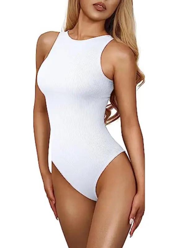 White sleeveless round neck bodysuit for women