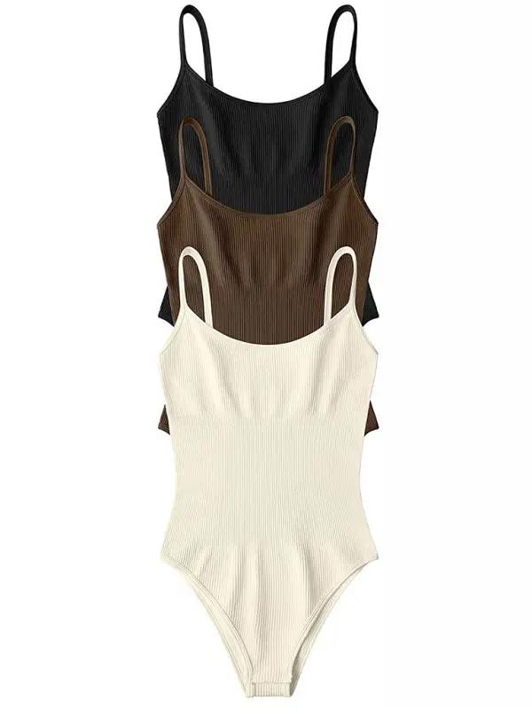 Black, brown, and cream ribbed tank top bodysuits