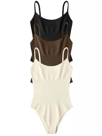 Black, brown, and cream ribbed tank top bodysuits