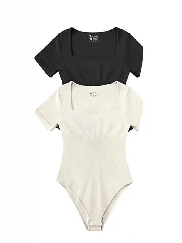 Black and beige square collar bodysuits