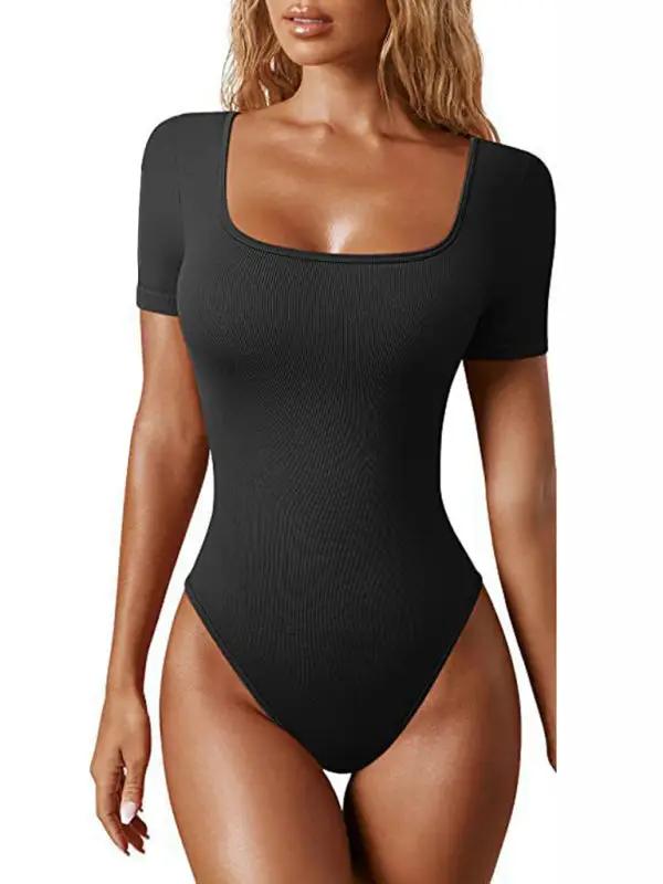 Black sexy square collar short sleeve bodysuit