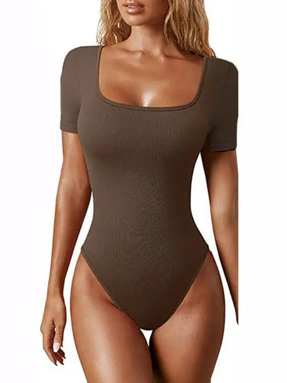 Brown sexy square collar short sleeve bodysuit