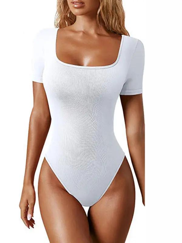 White sexy square collar short sleeve bodysuit