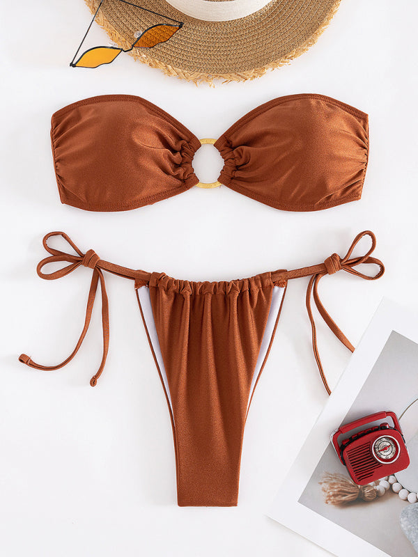 Nouveau Maillot de bain fendu de couleur unie bustier tubulaire bikini sexy 
