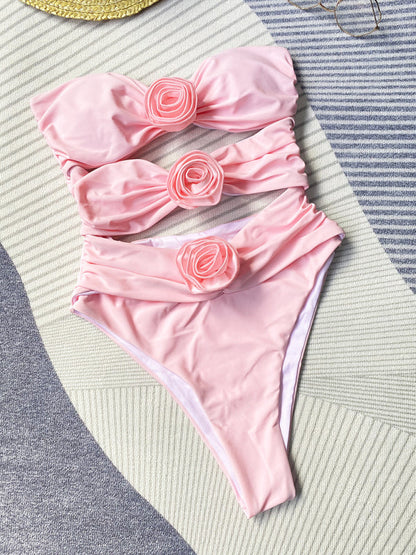 Nouveau maillot de bain une pièce sexy à fleurs tridimensionnelles de couleur unie 