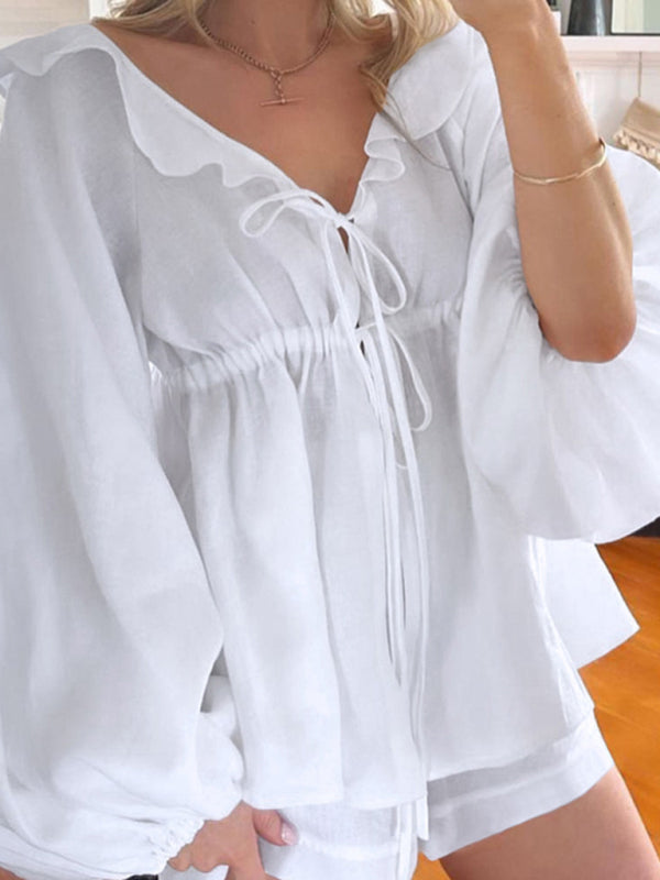 New puff-sleeved fashionable V-neck lace-up ruffled loose and comfortable casual suit