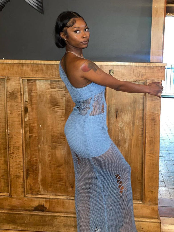 Strandurlaub sexy langes Kleid gestricktes hohles langes Kleid