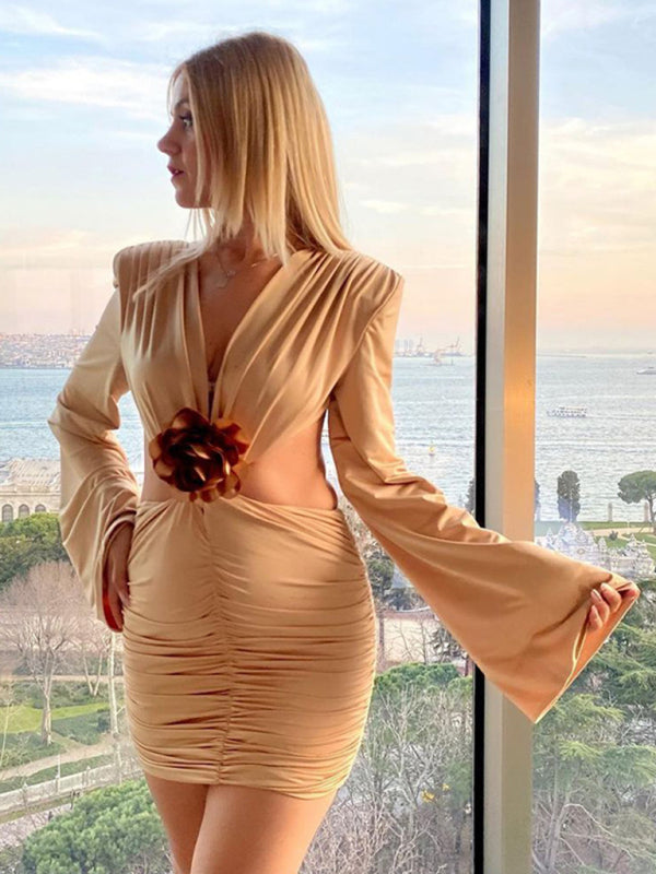 Robe plissée florale dos nu col V pour femme 