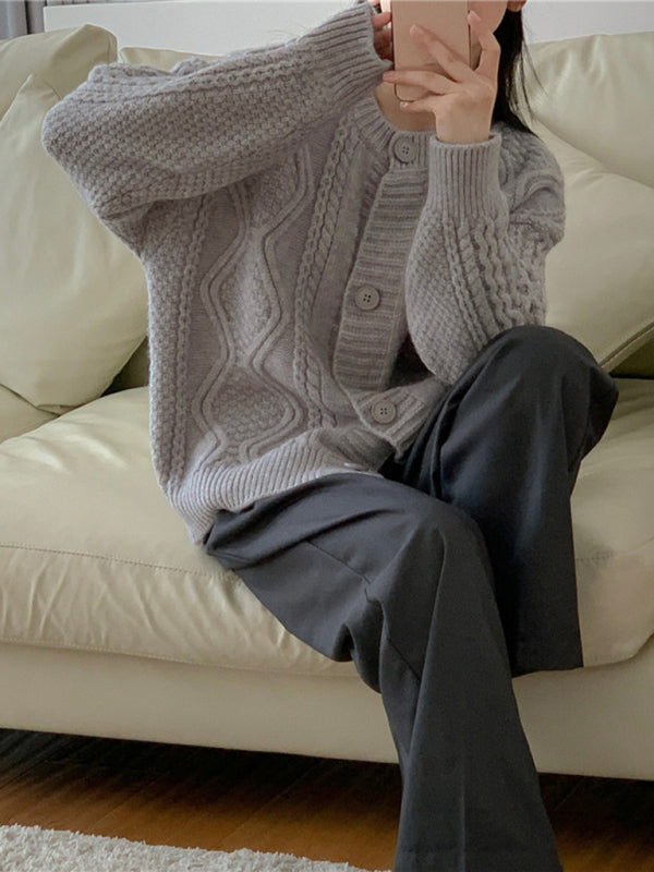 Cardigan tricoté ample à boutons torsadés pour femmes 