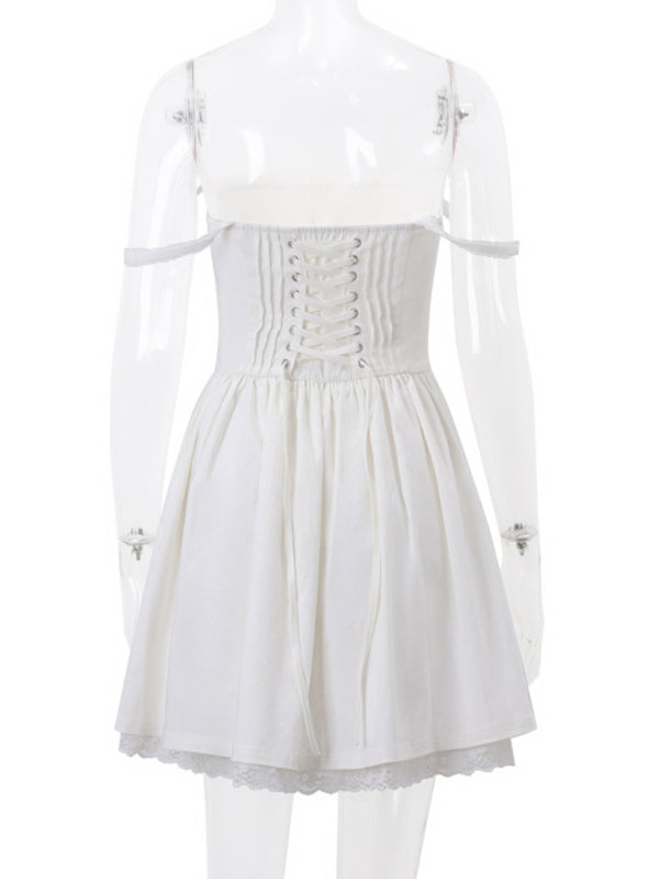 Resort style French lace-up pleated dress