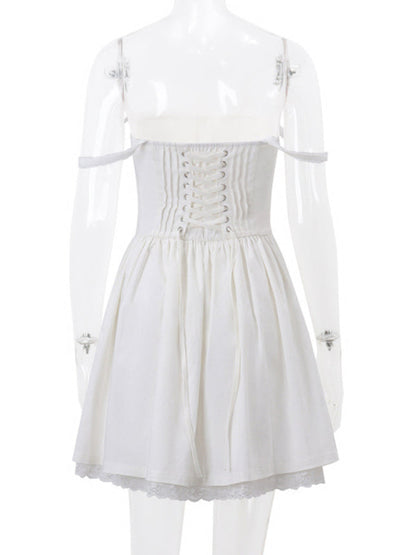 Resort style French lace-up pleated dress